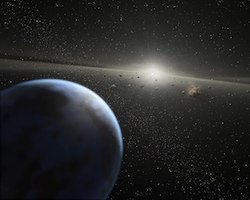 An artist's illustration of an asteroid belt near a distant star.