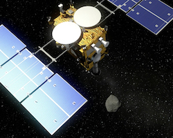 Illustration of the Hayabusa2 spacecraft approaching the asteroid.