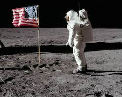 Aldrin on the moon with the American flag