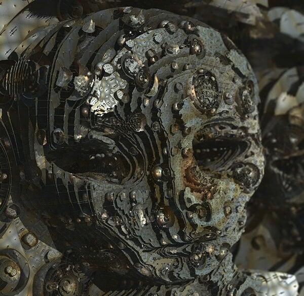 An image of an alien-like face made from metal