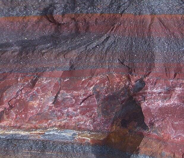 A close up image of a rock with a banded iron formation